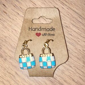 Dangling Purse Earrings Blue & Cream  Checkered - NWT